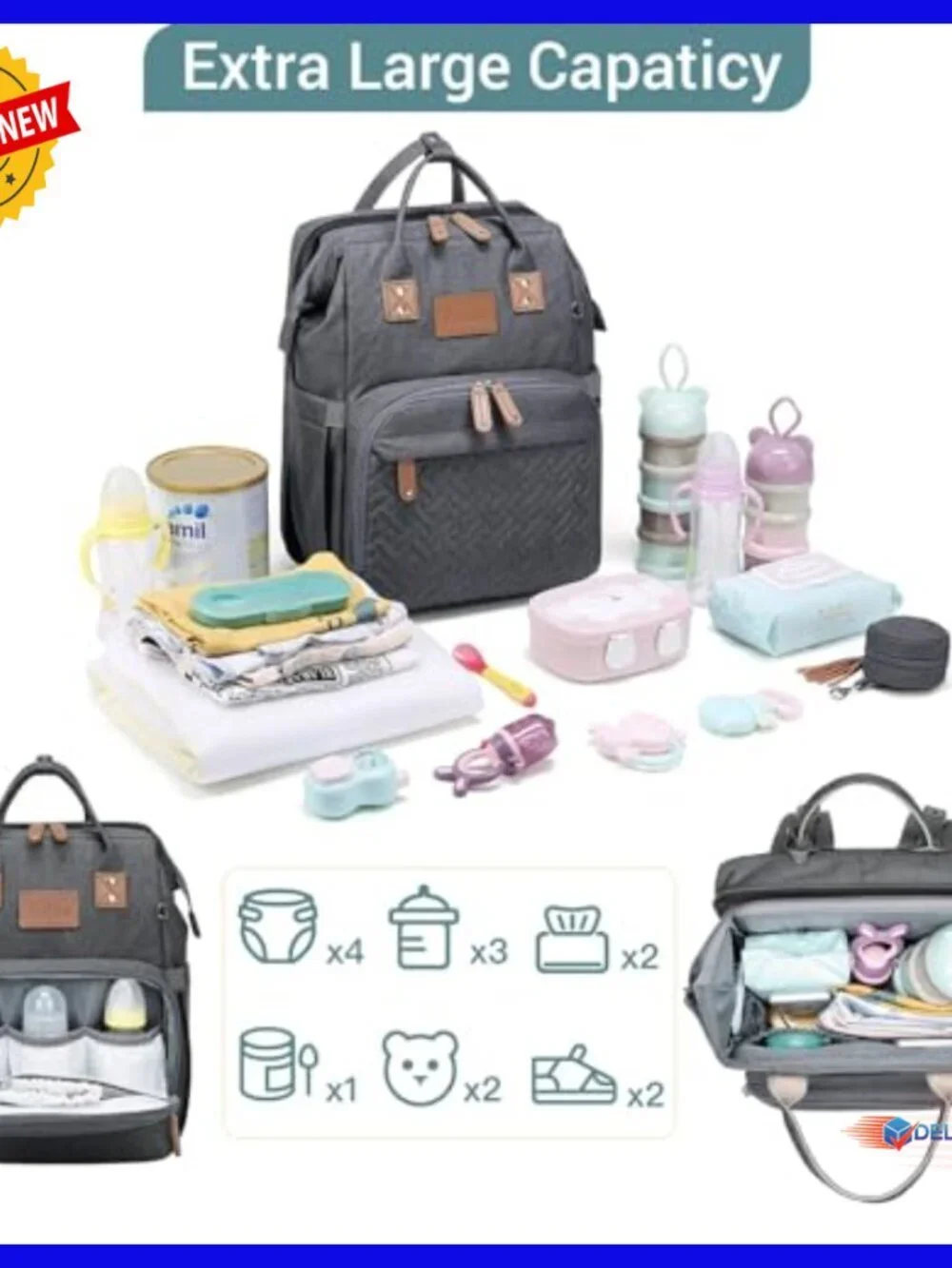 Large Capacity Diaper Backpack with Changing Station, 16 Pockets, Waterproof